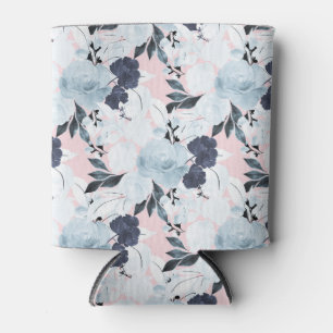 Blue Blush Floral Watercolor Paint Can Cooler