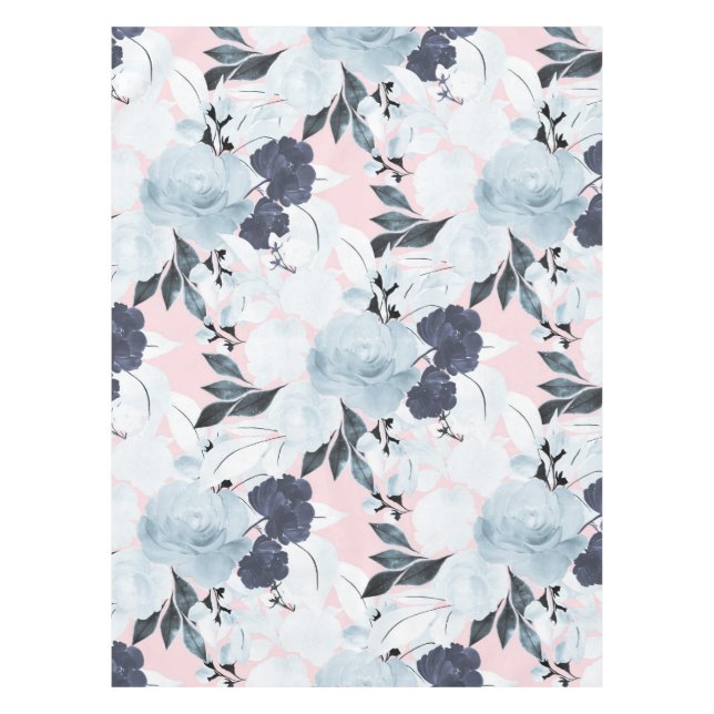 Blue Blush Floral Watercolor Paint Tablecloth (Front)