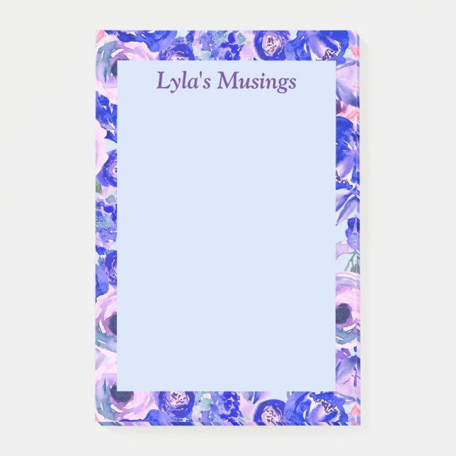 Blue Blush Floral Watercolor Personalised Post-it Notes (Front)
