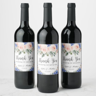 Blue Blush Floral Wedding Bridal Favour Thank You Wine Label