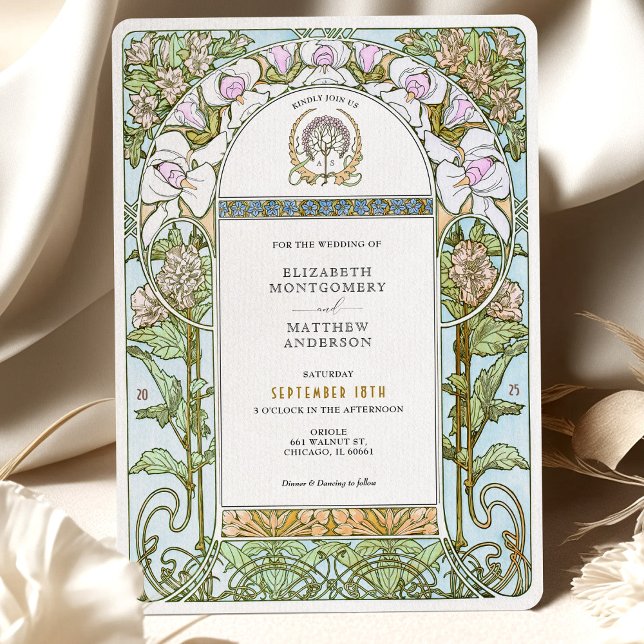Blue & Blush Florals Art Nouveau Wedding Invitation (Creator Uploaded)