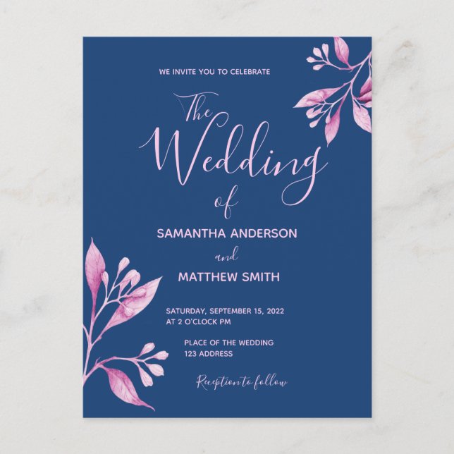 Blue blush pink botanical wedding invitation postcard (Front)