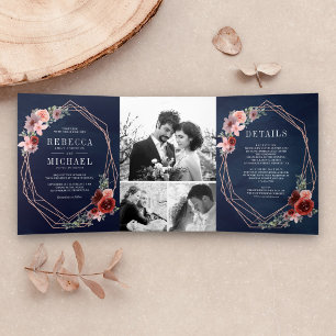 Blue Blush Pink Burgundy Floral Rose Gold Wedding Tri-Fold Invitation