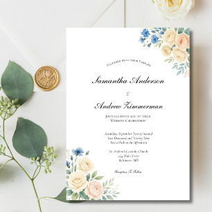 Blue Blush Pink Cream Floral Elegant Wedding Invitation