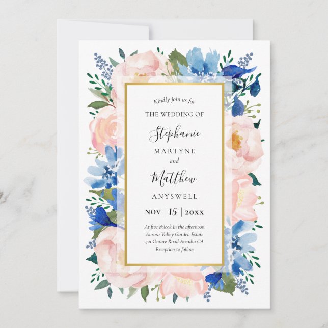 Blue Blush Pink Floral Gold Wedding Invitation (Front)