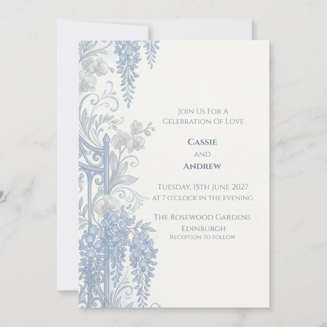 Blue Blush Ribbon Bow Dove Wedding Invitation (Front)