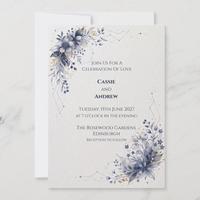 Blue Blush Ribbon Bow Dove Wedding Invitation (Front)