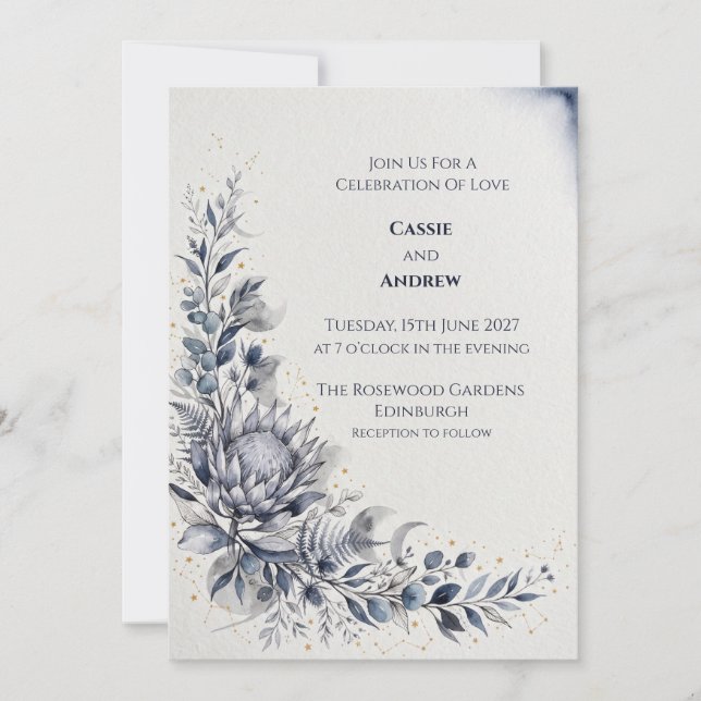 Blue Blush Ribbon Bow Dove Wedding Invitation (Front)