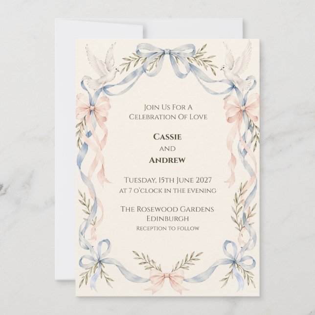 Blue Blush Ribbon Dove Wedding Invitation (Front)