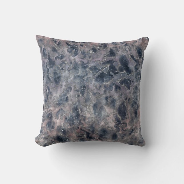 Blue & Blush Rose Pink Abstract Watercolor Stain Cushion (Front)