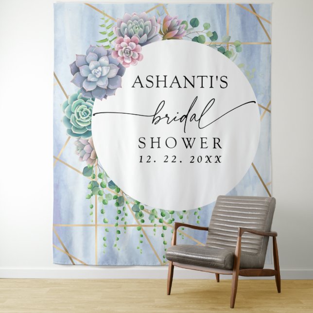 Blue Blush Succulent Bridal Shower Backdrop  Tapestry (In Situ)