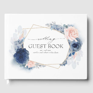 Blue Blush Watercolor Flowers Elegant Wedding Guest Book