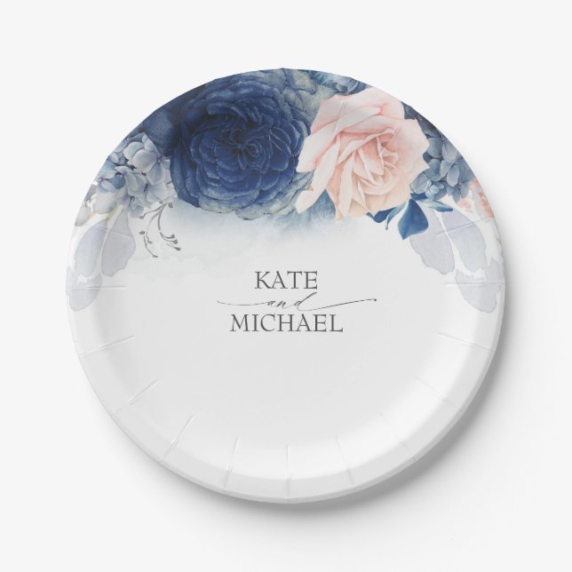 Blue Blush Watercolor Flowers Elegant Wedding Paper Plate (Front)