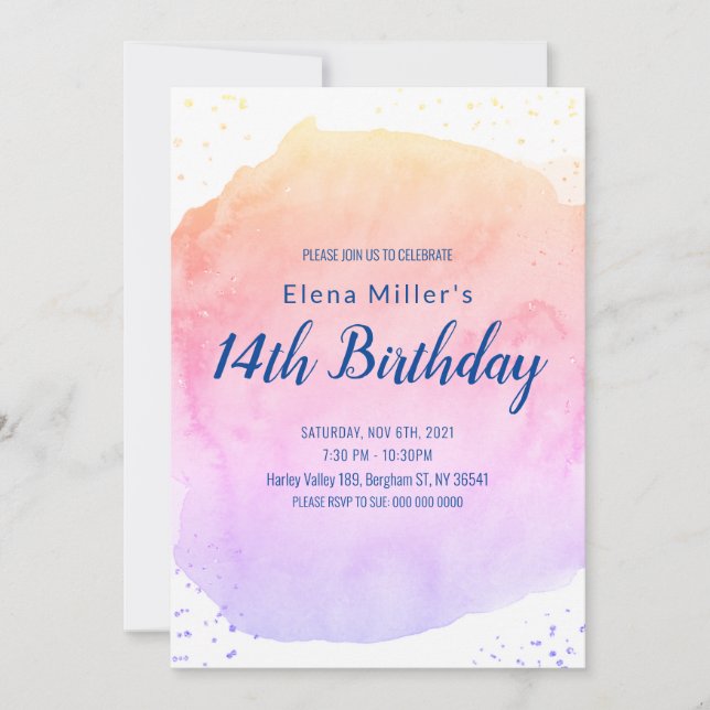 Blue blush watercolor stroke gold glitter  invitat invitation (Front)