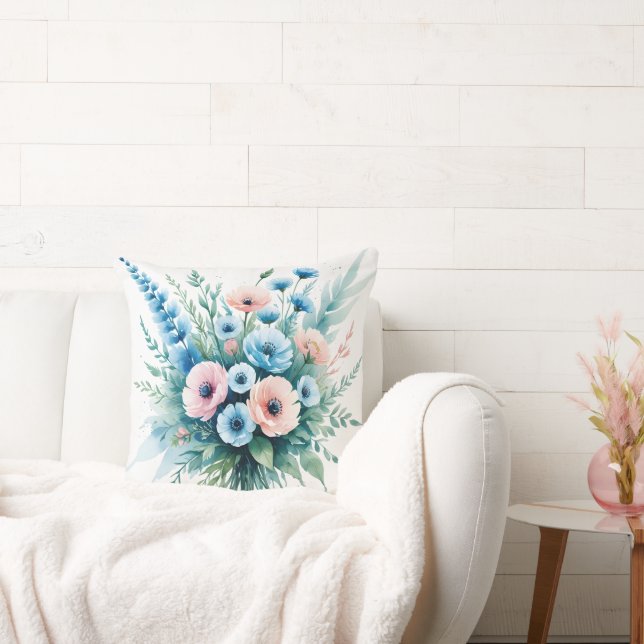 "Blue & Blush Wildflower Bouquet | Throw Pillow" Cushion (Couch)
