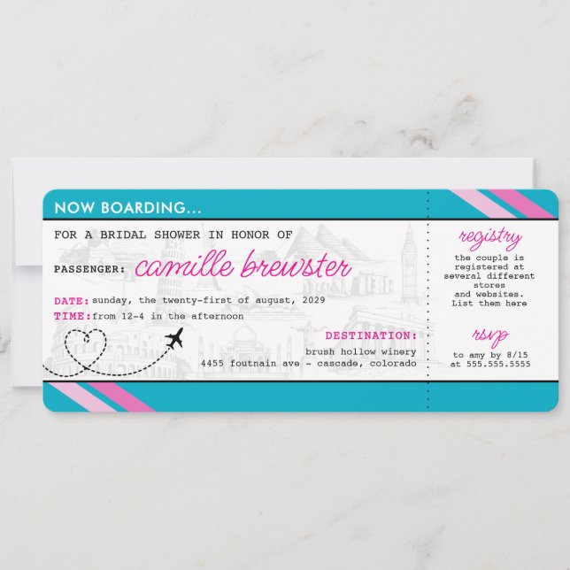Blue Boarding Pass Bridal Shower Invitation (Front)