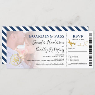 Blue Boarding Pass Destination Wedding Photo Invitation