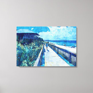 Blue Boardwalk Stroll Beach Watercolor Canvas Print