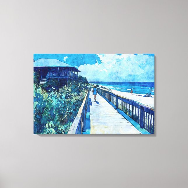 Blue Boardwalk Stroll Beach Watercolor Canvas  Print (Front)