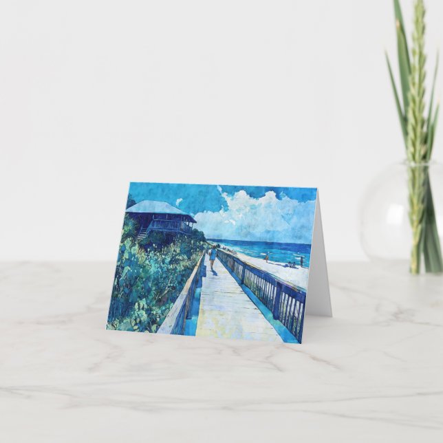 Blue Boardwalk Stroll Beach Watercolor Note Card (Front)