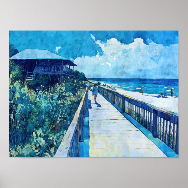 Blue Boardwalk Stroll Beach Watercolor Poster (Front)
