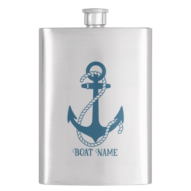 Blue boat anchor custom text hip flask (Front)