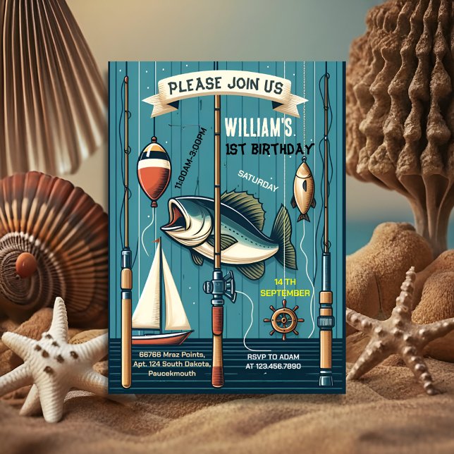 blue boat cute boy Fish ofishally one 1st Birthday Invitation (Creator Uploaded)