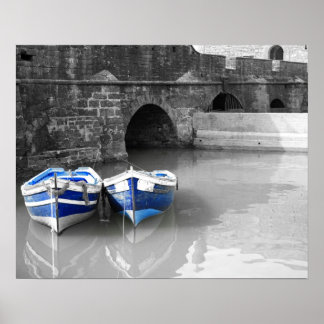 Blue boats B & W harbour Poster