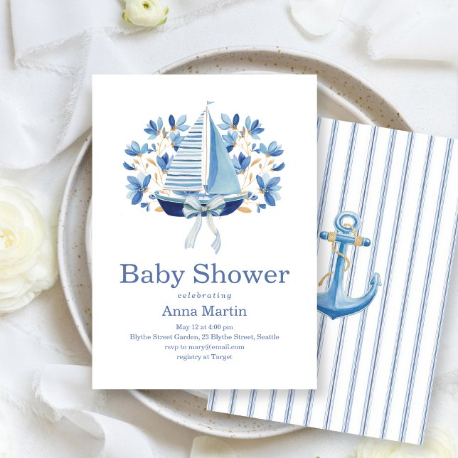 Blue Boats & Bows Baby Shower Invitation (Creator Uploaded)