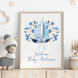 Blue Boats & Bows Baby Shower Poster