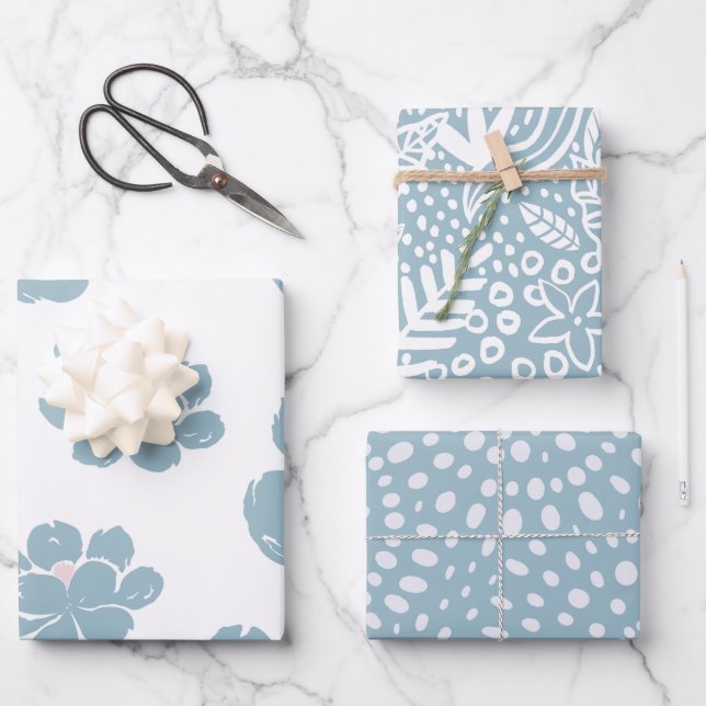 Blue Bohemian Floral Spring Wrapping Paper  (Front)