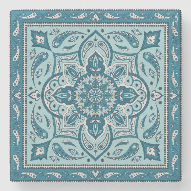 Blue Bohemian Mandala Bandanna Stone Coaster (Front)