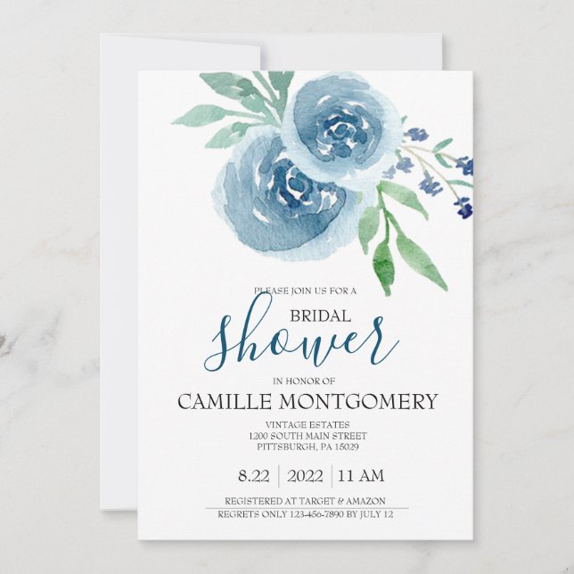 Blue Bohemian Rose Bridal Shower Invitation (Front)