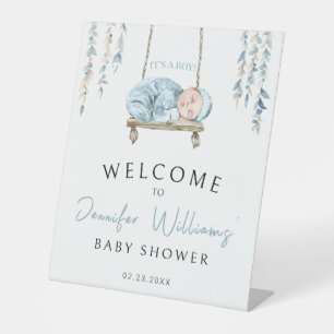 Blue bohemian sleeping baby boy welcome sign