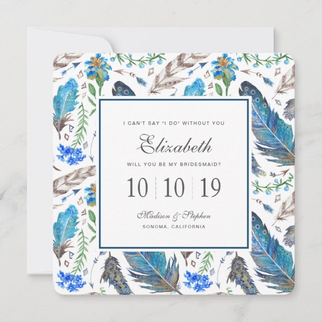 Blue Boho Aztec Watercolor - Bridesmaid Invitation (Front)