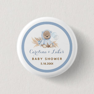 Blue Boho Bear Baby Shower Party Favours Button