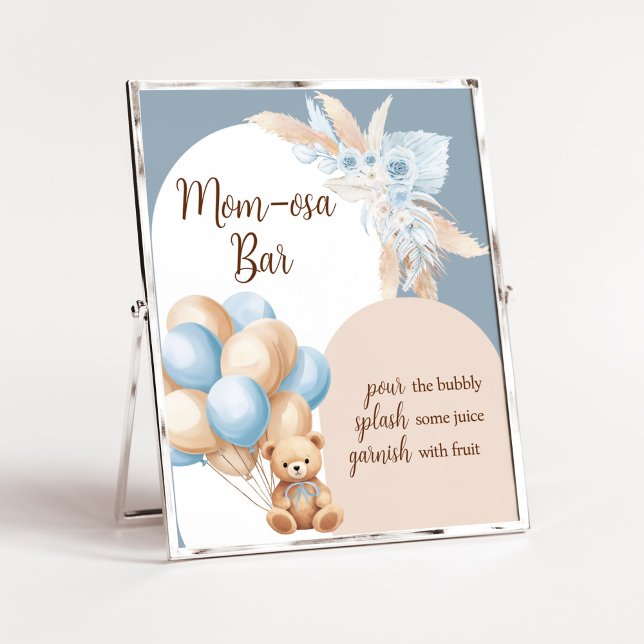 Blue Boho Bear Balloon Baby Shower Mum Osa Bar Poster (Boy Bear Arch Balloon Baby Shower Mom Osa Bar Sign)