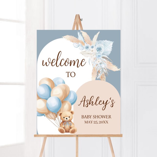 Blue Boho Bear Balloon Baby Shower Welcome Poster (Boy Bear Arch Balloon Baby Shower Welcome Sign)