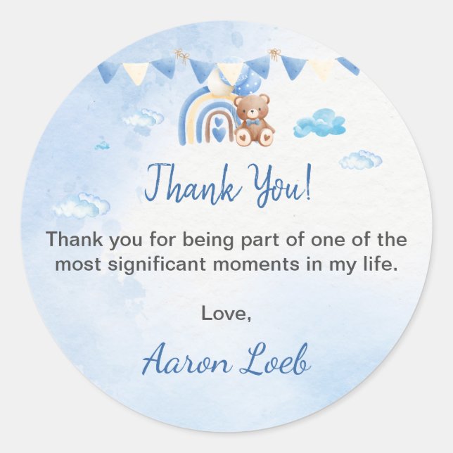 Blue Boho Bear Balloon Baptism Thank You  Classic Round Sticker (Front)