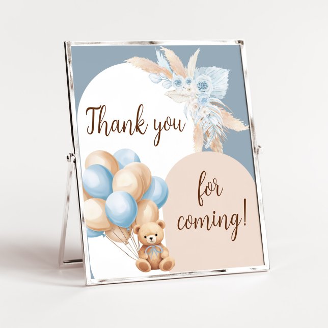 Blue Boho Bear Balloon Thank you for Coming Poster (Boy Bear Arch Balloon Baby Shower Thank you Card)