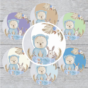 Blue Boho Bear Moon Bunny Floral Classic Round Sticker