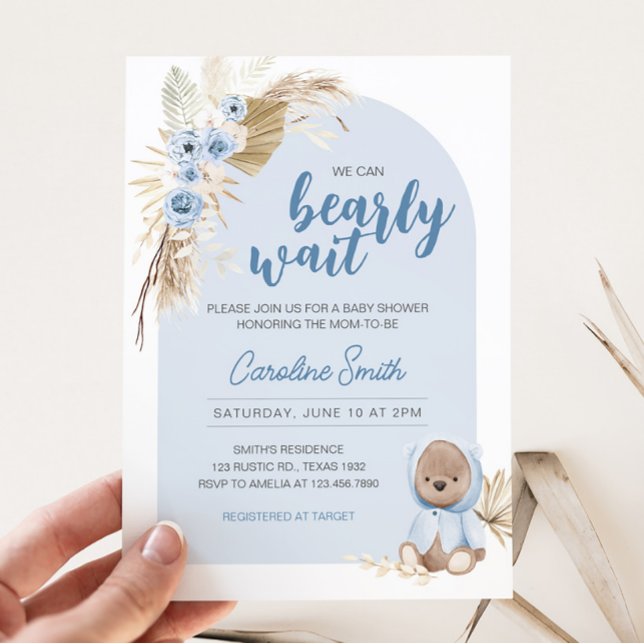 Blue Boho Bearly Wait Baby Shower Invitation (Boho Teddy Bear Baby Shower Invitation)