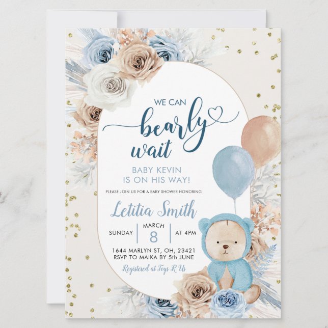 Blue boho bearly wait boy baby shower invitation (Front)