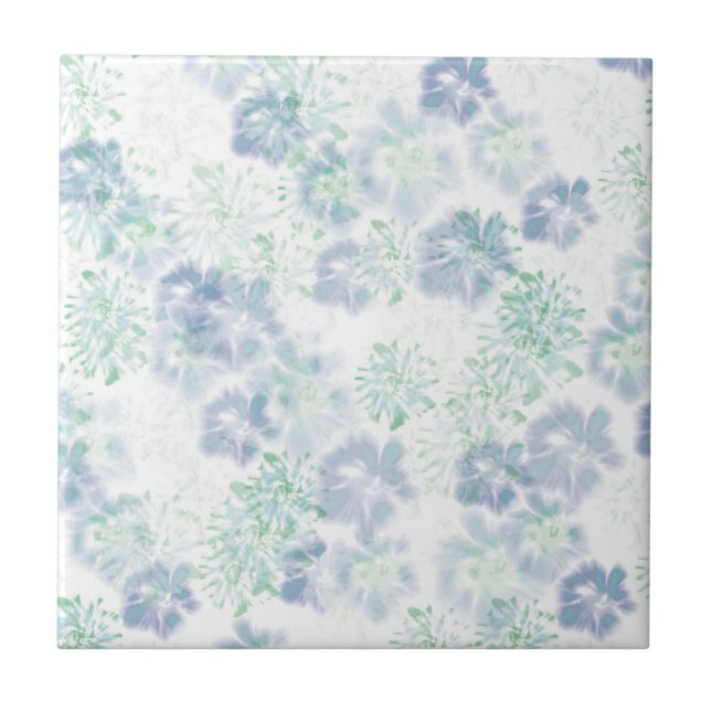 Blue Boho Blooming Flowers Floral Tie Dye Pattern Tile (Front)