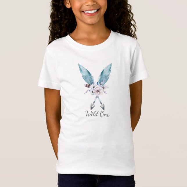 Blue Boho Bohemian Arrows Feather Floral Girls T-Shirt (Front)