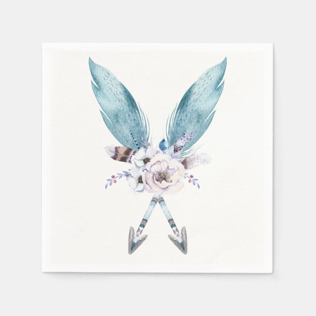 Blue Boho Bohemian Arrows Feather Floral Party Napkin (Front)