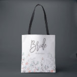 Blue Boho Botanical Wedding | Bride Tote Bag<br><div class="desc">This simple and stylish tote bag features sweet watercolor boho pink and blue flowers and leaves,  and modern typography that says "bride."</div>