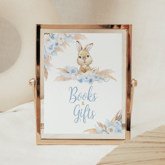 Blue Boho Bunny Baby Shower Books and Gifts Poster (Pampas Grass Boy Bunny Baby Shower Books and Gifts Sign)