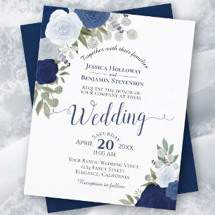 Blue Boho Chic Floral BUDGET Wedding Invitation