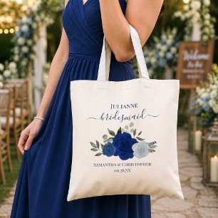 Blue Boho Chic Roses Bridesmaid Wedding Favour Tote Bag